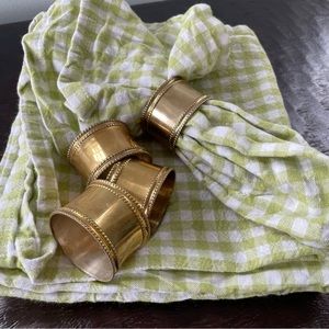 Four Green and White Gingham Cloth Napkins with Brass Rings